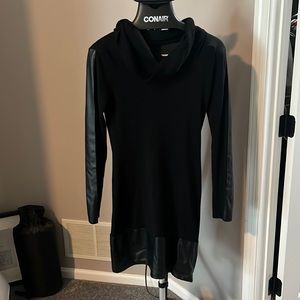 Cowl neck sweater dress with vegan leather accents